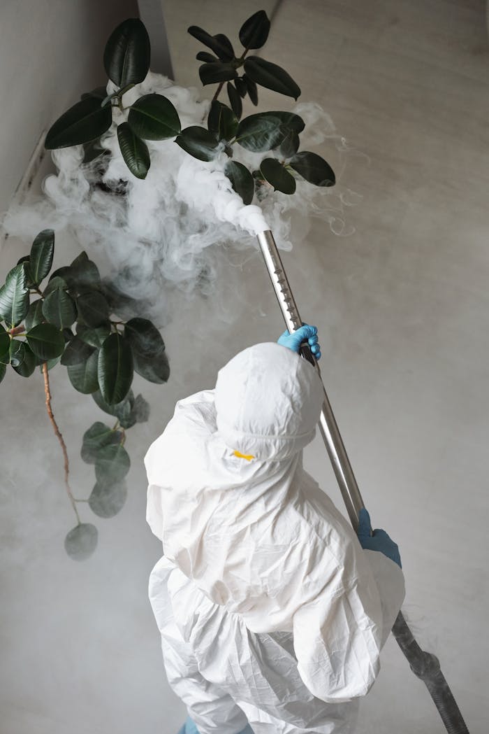 services-05 A person in protective gear uses a sprayer for indoor disinfection.